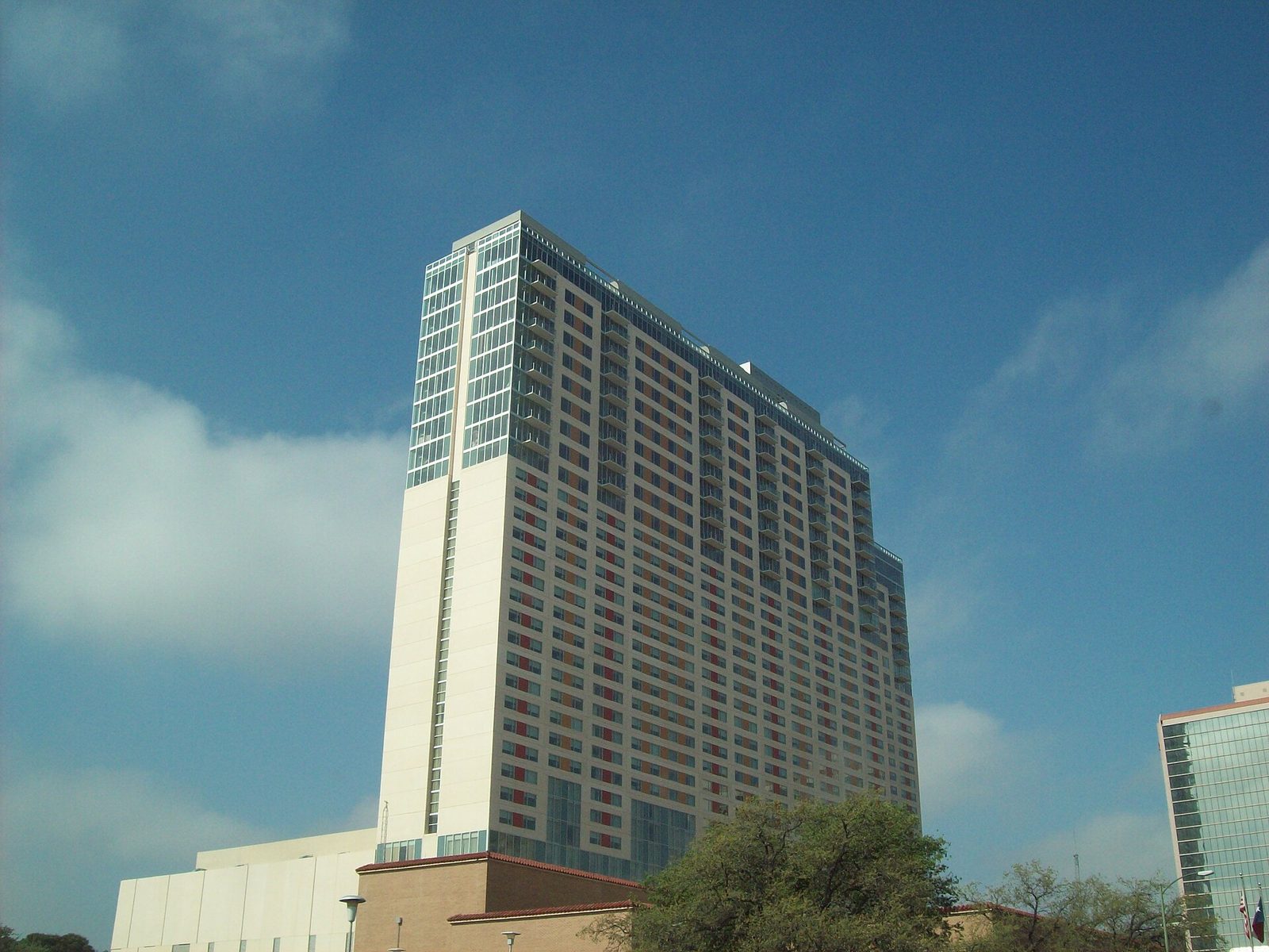The Grand Hyatt San Antonio hotel tower seen from street level downtown