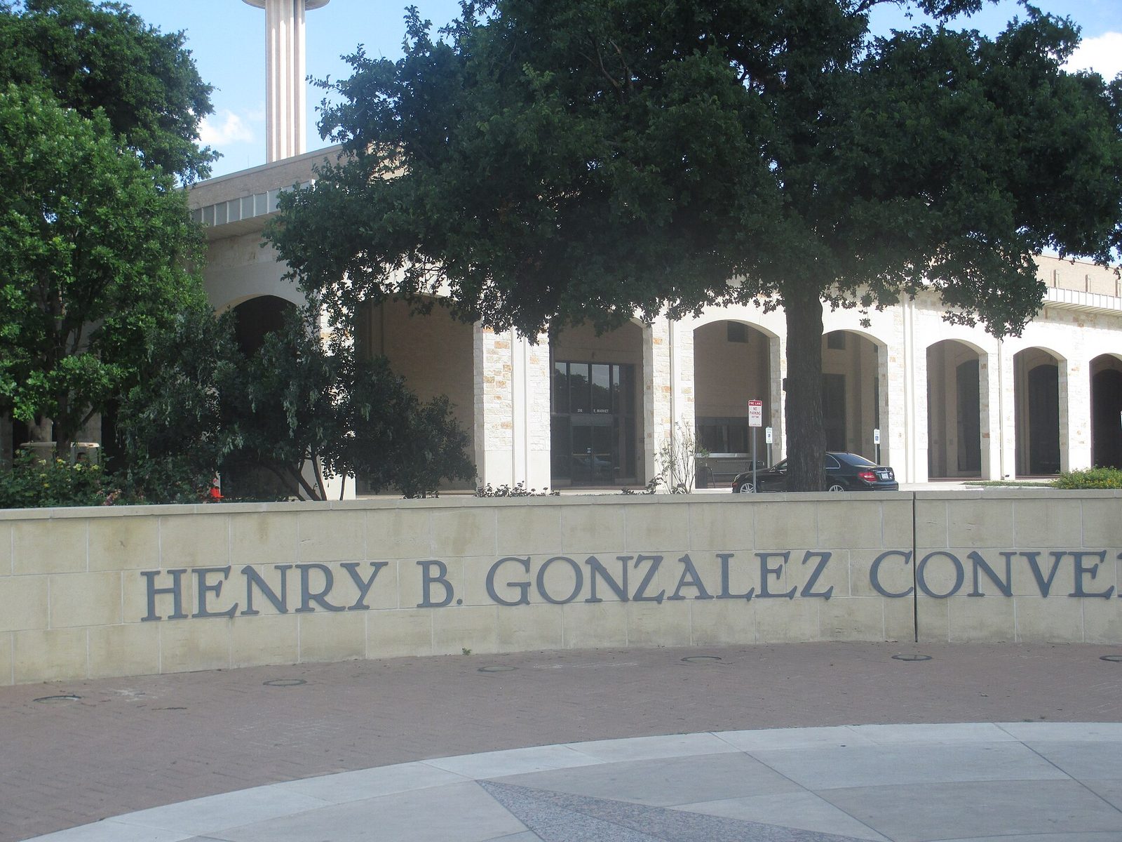 The Henry B. Gonzalez Convention Center sign and entrance, next door to the Grand Hyatt