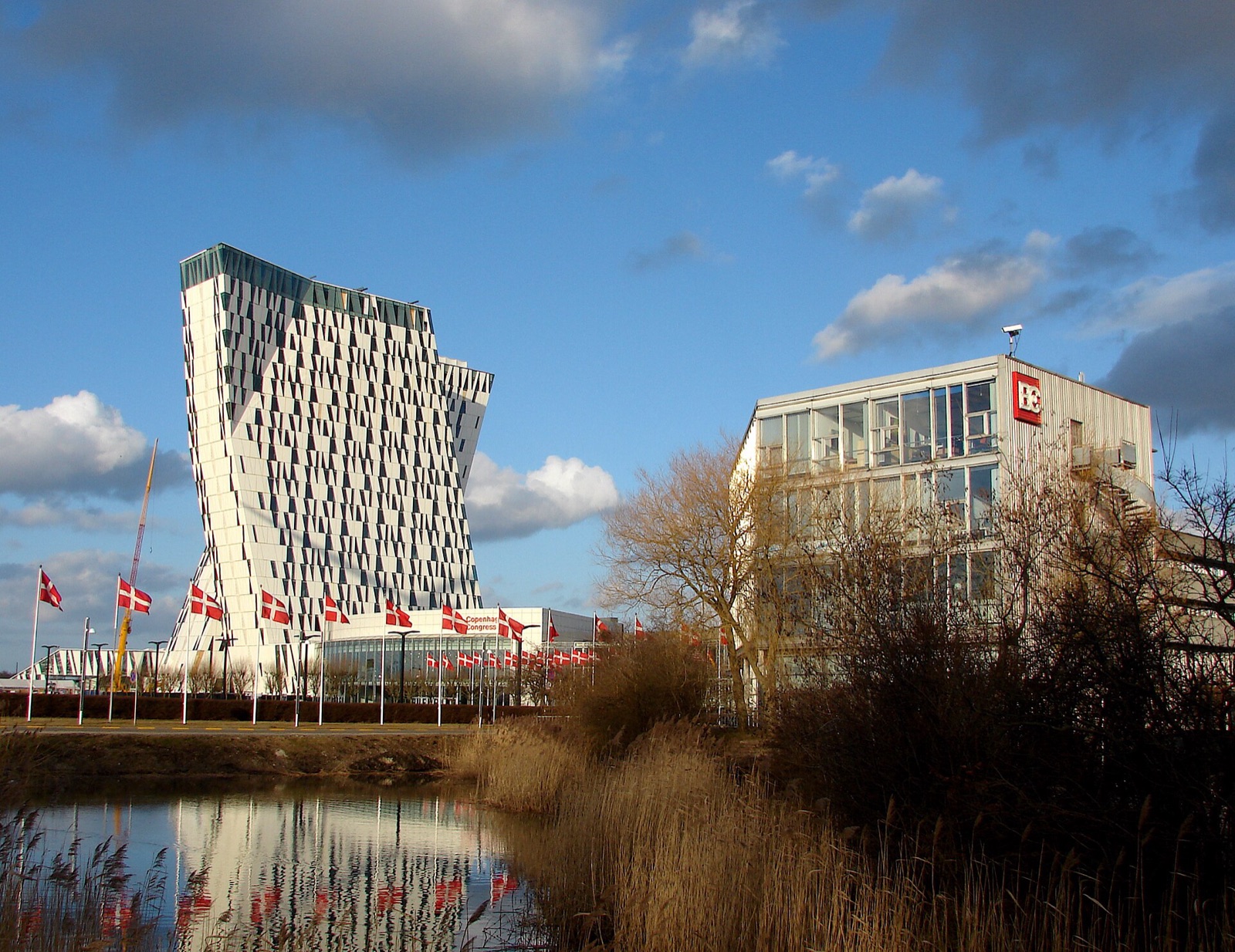 Bella Center Copenhagen with the leaning twin towers of the Bella Sky hotel beside it