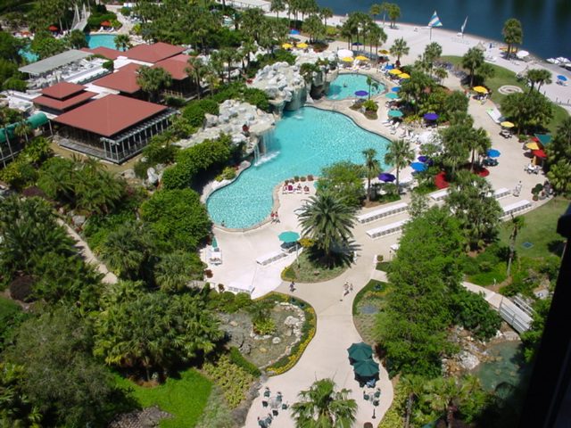 Aerial view of the Hyatt Regency Grand Cypress pool, grottoes and gardens, with the lake beyond (2005)